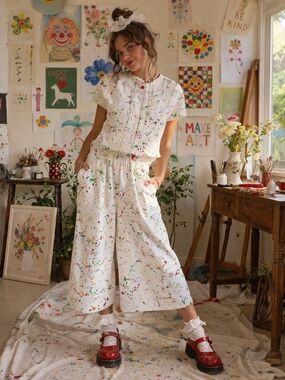 Handmade White Paint Splatter Set Top Gauchos Cropped Wide Leg Colorful Clowncor